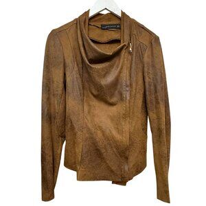 ZARA Faux Suede Jacket Small Distressed Brown Western Moto Zip Draped Jacket